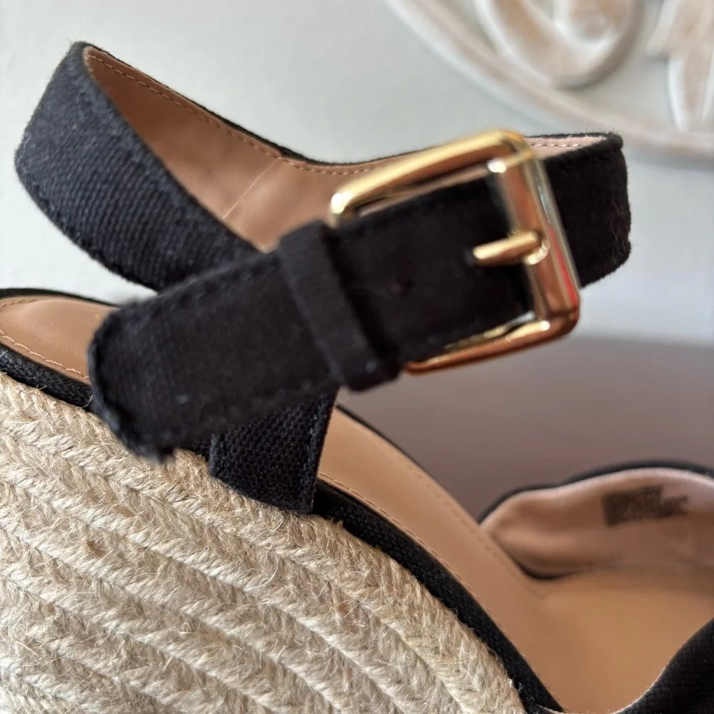 Time And Tru Women's Square Toe Black Espadrille Wedge Heels Size 8